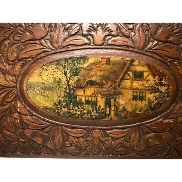 Wooden Jewelry Trinket Box Floral Carving Cottage Scene Mirror Rounded Lid Vtg - Picture 2 of 12